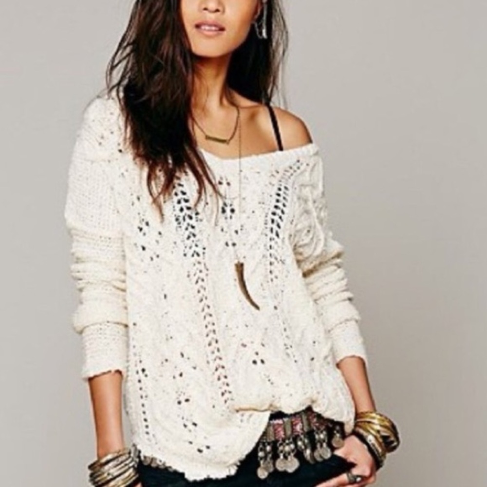 Free People Cross My Heart Chunky Knit Cotton Sweater Cream 100% Cotton XS